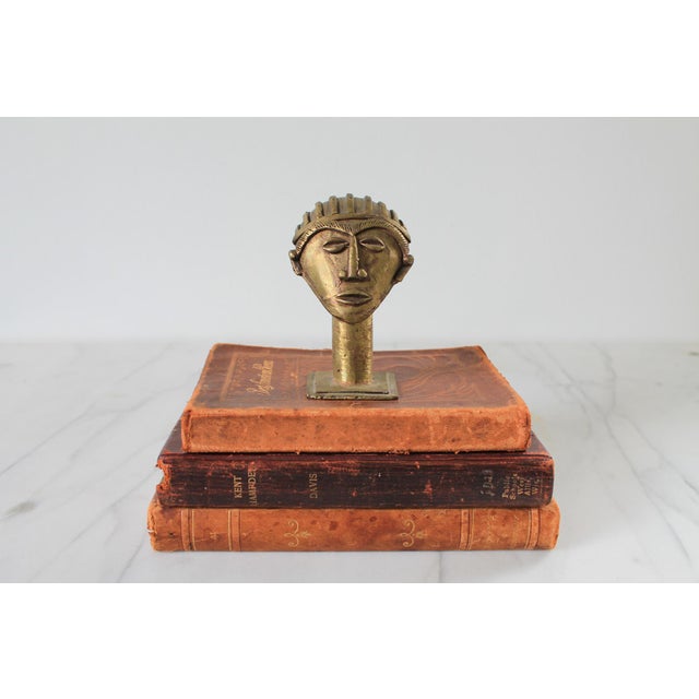 Vintage Ghanaian Brass Mask Head on Pedestal For Sale - Image 4 of 10