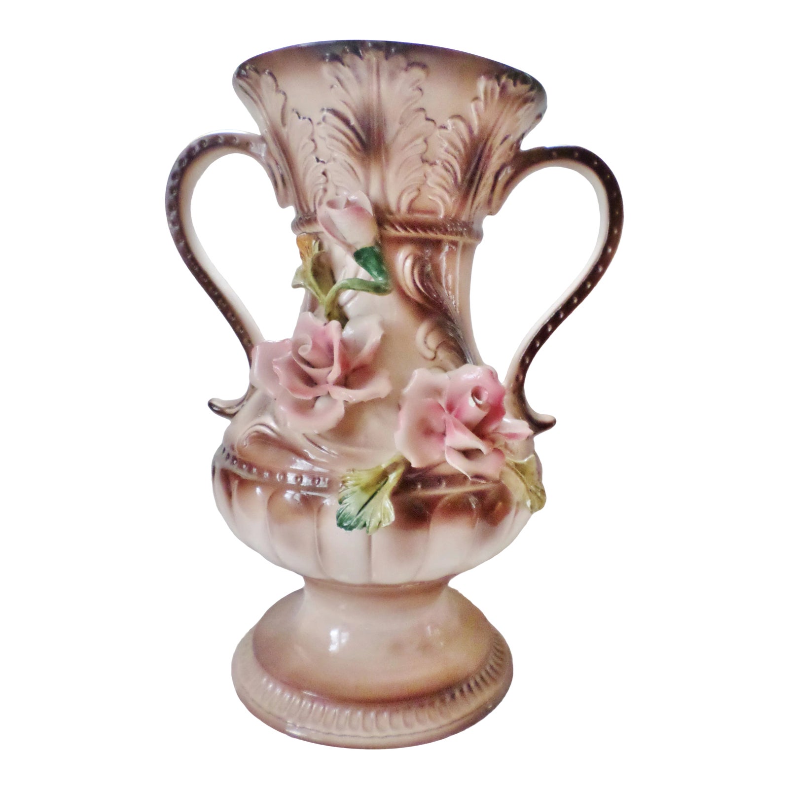 Vintage Italian Amphora Capodimonte Double Handled Vase Urn With Roses