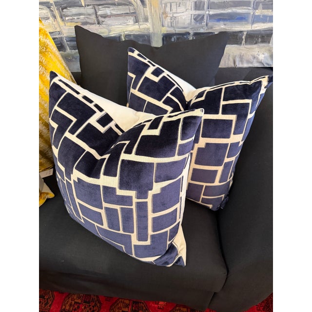 Textile Dark Navy Blue and White Geometric Pillow With New Insert For Sale - Image 7 of 7
