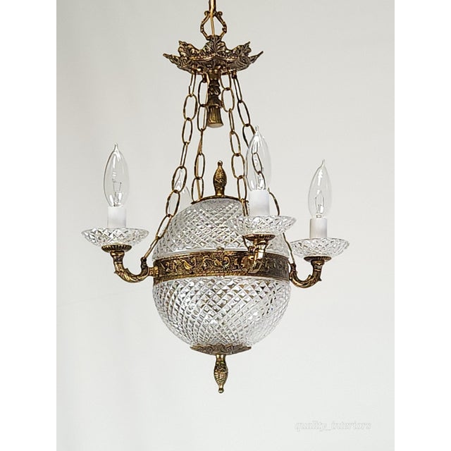 1960s Antique 5 Light Baccarat Style Empire Brass Crystal Chandelier ~ Pair Available For Sale - Image 5 of 11