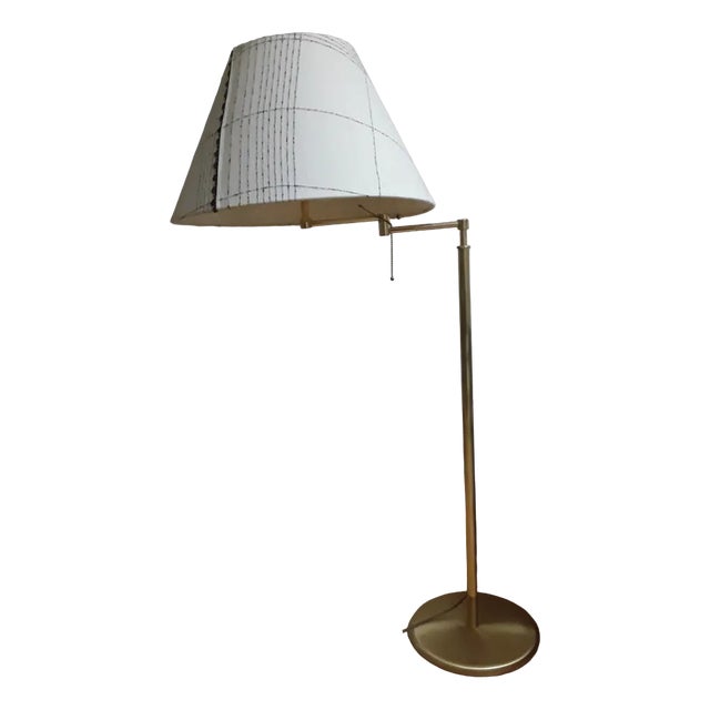 Vintage German Height-Adjustable Swivel Floor Lamp in Brass with Handmade Fabric Shade from Holtkötter For Sale