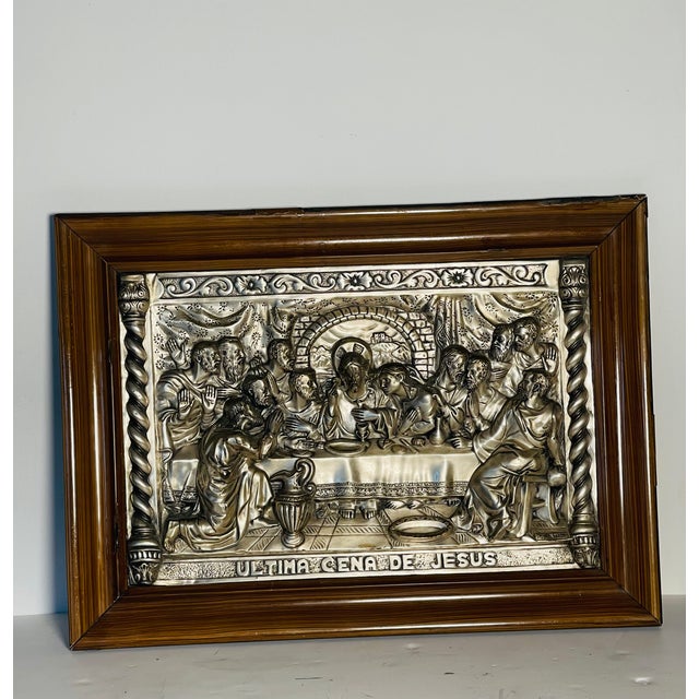 Silver 1940s Spanish Last Supper Basrelief Silverplate Embossed Framed For Sale - Image 8 of 9