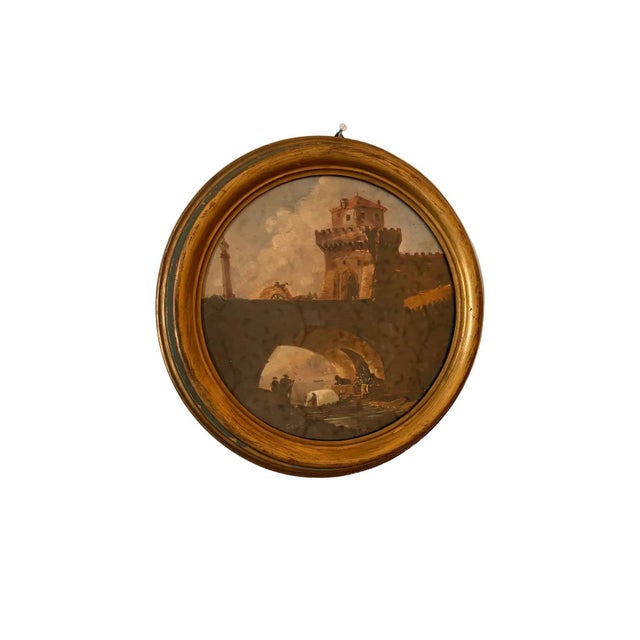 Paper 19th Century Oil Painting on Board, Round Landscape - Bridge & Tower, Signed ‘Carla’ For Sale - Image 7 of 7