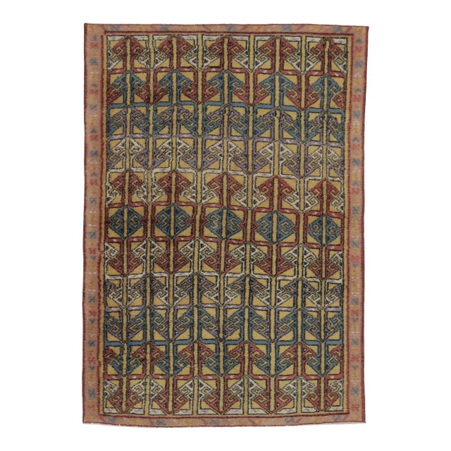 Vintage Turkish Rug Pair With Colorful Repetitive Geometric Lattice - Rug & Kilim For Sale