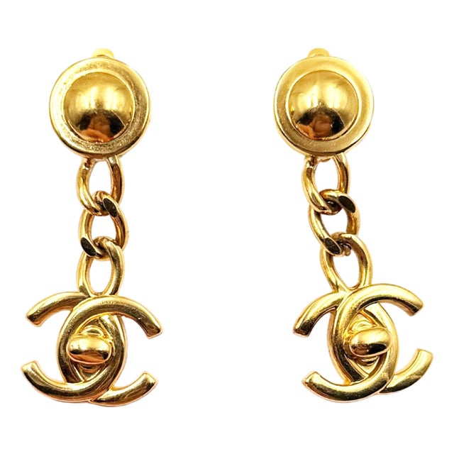 Chanel Vintage Gold Plated Button Chain CC Turnlock Dangle Clip on Earrings, A Pair For Sale