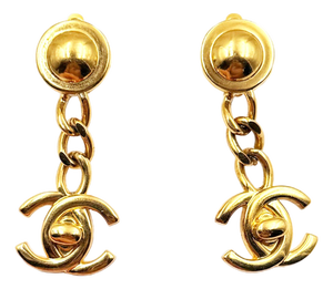 Chanel Vintage Gold Plated Button Chain CC Turnlock Dangle Clip on Earrings, A Pair