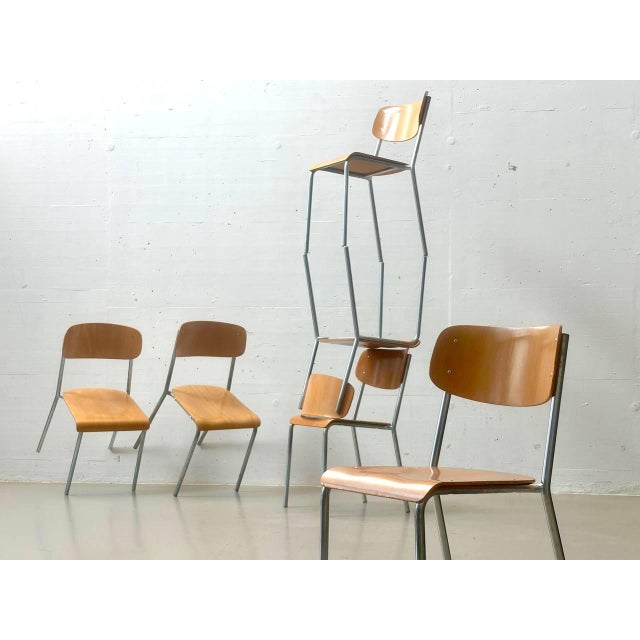 Brown Vintage Stacking Chair in Plywood and Tubular Steel, 1970s For Sale - Image 8 of 18