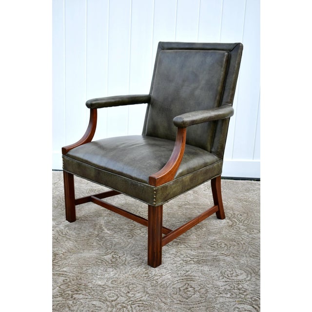 Animal Skin Vintage Chippendale Style Green Leather Library Chair W/Stretcher Base For Sale - Image 7 of 13