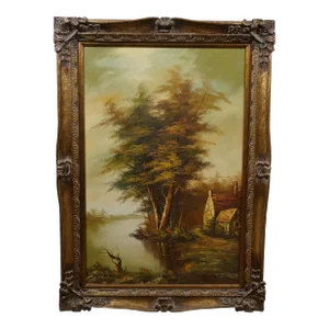 William Henry Harlock Cottage Farmhouse River Landscape Oil Painting 43"