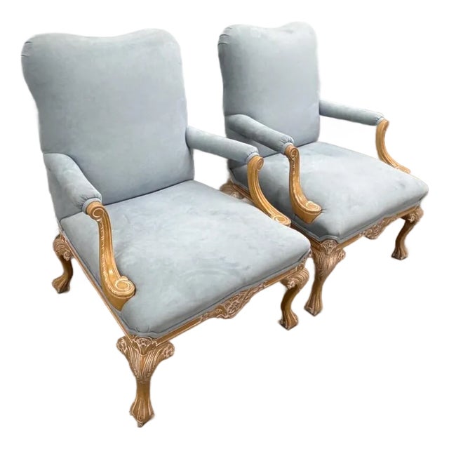 1980s Pair of Kreiss Powder Blue Wood Carved Bergere Chairs For Sale