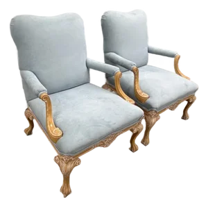 1980s Pair of Kreiss Powder Blue Wood Carved Bergere Chairs