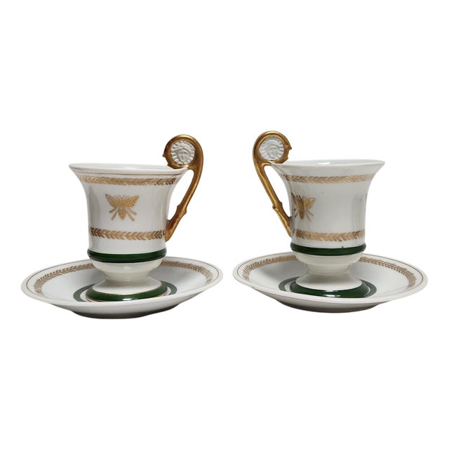 Empire Style Porcelain Cups and Saucers with Gilt Bee Decoration from Limoges, 1890s, Set of 4 For Sale