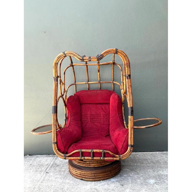 Vintage Bent Rattan Swivel Lounge Chair With Flip Down Side Tables For Sale In West Palm - Image 6 of 12