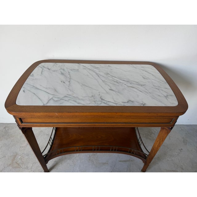 French Vintage French Louis XVI Style Mahogany Console Table With White Marble Top, Pull-Out Drawer & Brass Gallery Shelf For Sale - Image 3 of 12