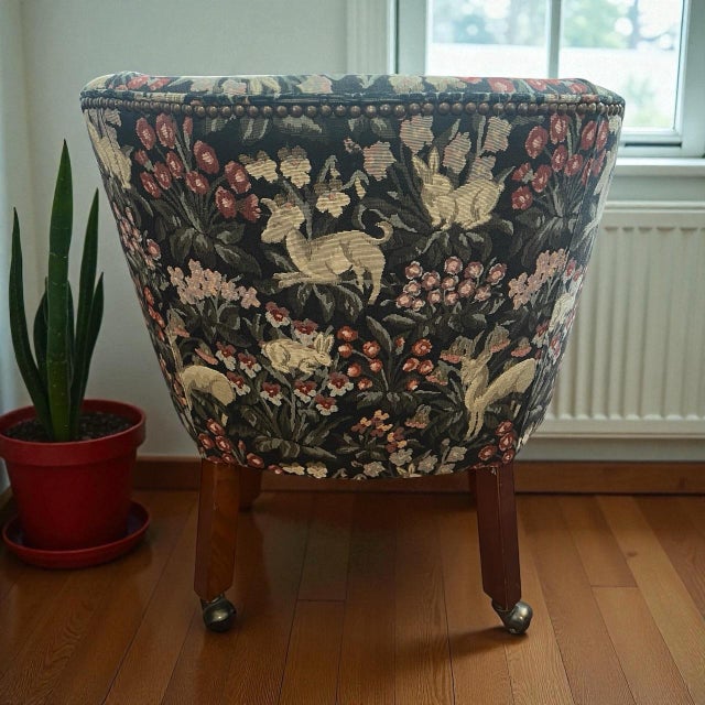 1990s Vintage St. Timothy Hickory Barrel-Back Club Chair on Brass Casters – Floral Tapestry & Nailhead Trim For Sale - Image 5 of 9