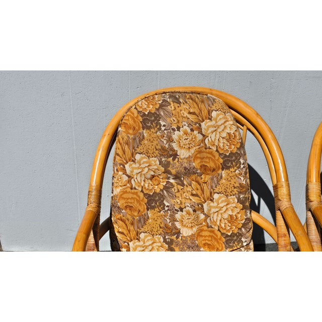 1970's Pair of Vintage Bamboo Rattan Mid Century Modern Swivel Orange Chairs For Sale In Los Angeles - Image 6 of 18