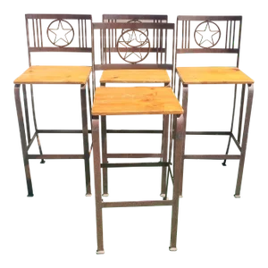 Rustic Iron Wood Texas Star Back Bar Stools- Set of 4