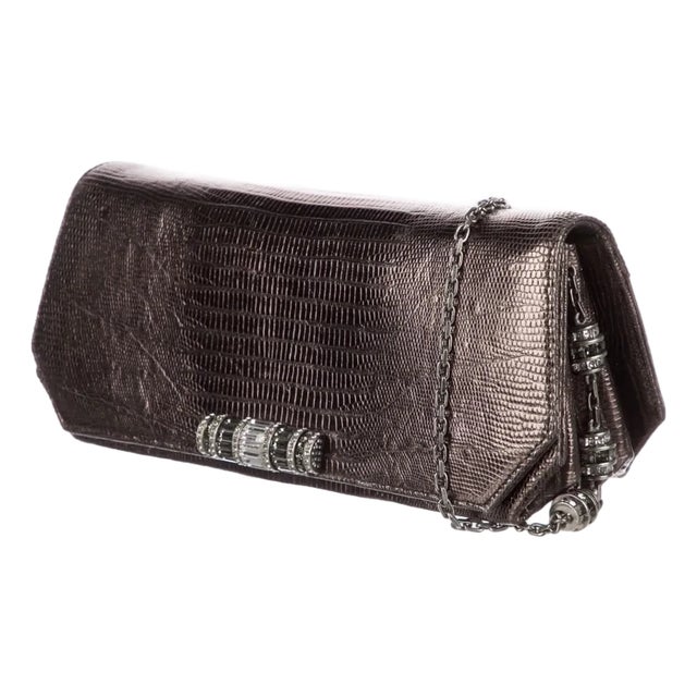 2014 Judith Leiber Lizard Skin Clutch Shoulder Evening Handbag Bag Baguette Crystals For Sale