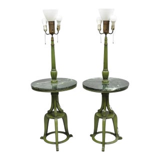 Mid 20th Century Hollywood Regency Tommi Parzinger Style Green Marble End Table Floor Lamp - Pair For Sale