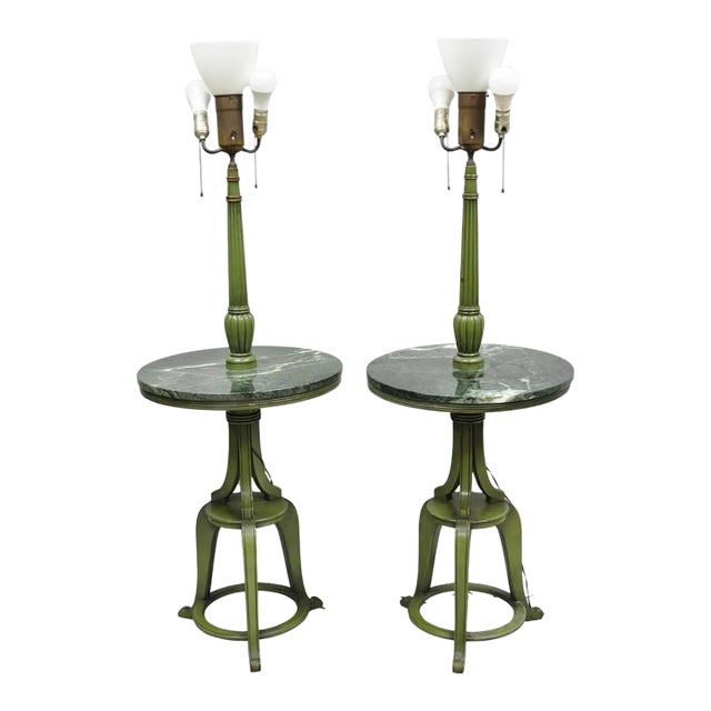 Mid 20th Century Hollywood Regency Tommi Parzinger Style Green Marble End Table Floor Lamp - Pair For Sale