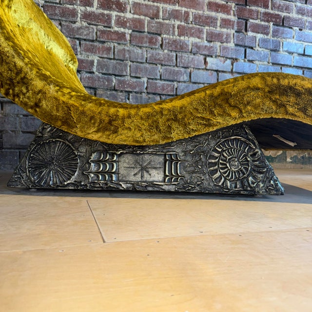 Adrian Pearsall brutalist textured base with a beautiful, cool toned gold upholstery. Decorated in relief with geometric...