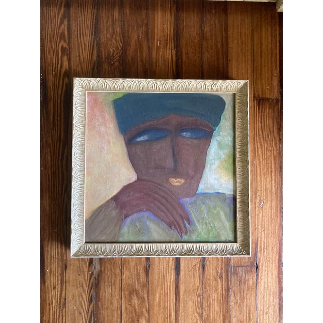 Original Framed Acrylic Painting of Pensive Lady in Blue Hat - Signed For Sale - Image 4 of 5