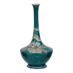 Large Antique Meiji Japanese Cloisonne Green Goldstone Enamel White Dragon Vase