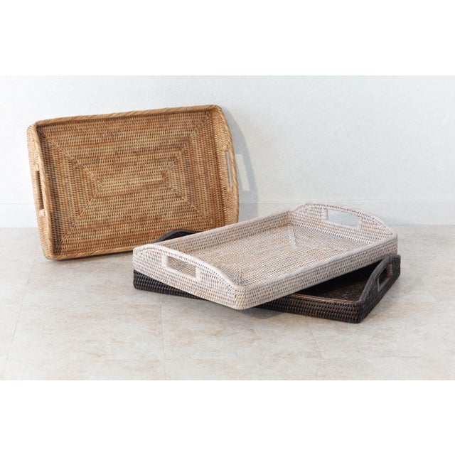 Artifacts Rattan Rectangular Serving Tray with High Handles in Tudor Black - 21" For Sale - Image 11 of 12