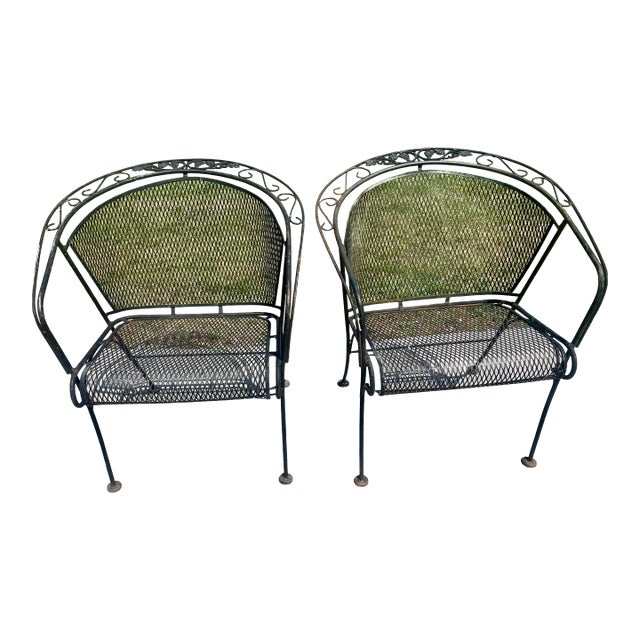 Mid 20th Century Russell Woodard Grapevine Barrel Back Wrought Iron Grape Pair of Chairs For Sale