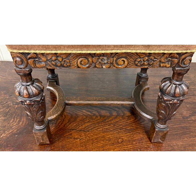 1920s Antique English Jacobean Upholstered Bench Stool Carved Oak C. 1930s For Sale - Image 5 of 16