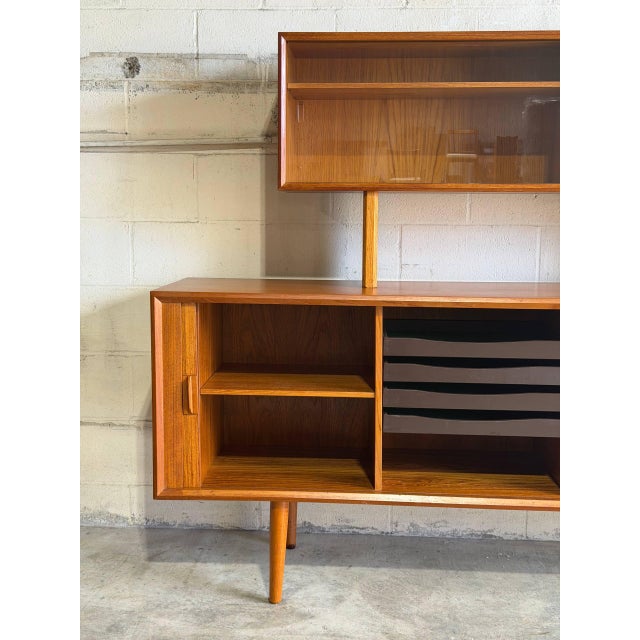 Brown In Style of Svend Aage Larsen for Faarup Mobelfabrik Danish Teak Tambour Credenza With Glass Display Hutch Danish Vintage 1960s For Sale - Image 8 of 16