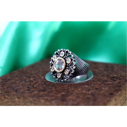 Metal Gold and Silver Ring with Zirconias and Central Cut Zircon For Sale - Image 7 of 9