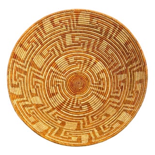 Vintage Large Size Southwest Style Coiled Reed Basket With Geometric Pattern 26” Diameter For Sale