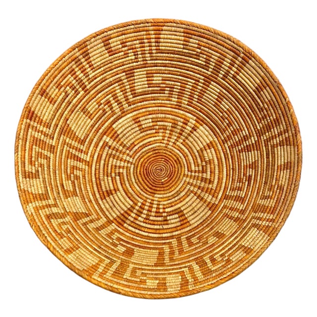Vintage Large Size Southwest Style Coiled Reed Basket With Geometric Pattern 26” Diameter For Sale