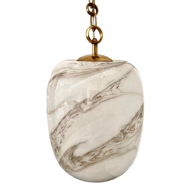 Vintage Italian Glass Italian Handblown Faux Alabaster Glass Pendant Light With Brass Chain & Fittings – 9" X 11" Glass Shade For Sale - Image 4 of 16