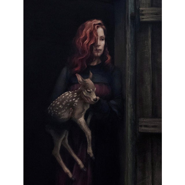 Baby by Mary Carroll | Acrylic Painting of a woman holding a fawn at a doorway. For Sale - Image 4 of 5