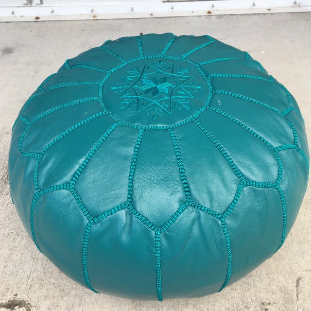 Animal Skin Moroccan Hand Made Teal Leather Pouf For Sale - Image 7 of 8