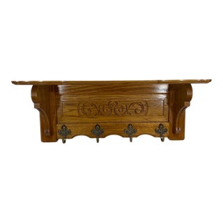 Vintage French Tiger Oak 27" Wall Shelf Coat and Hat Rack For Sale