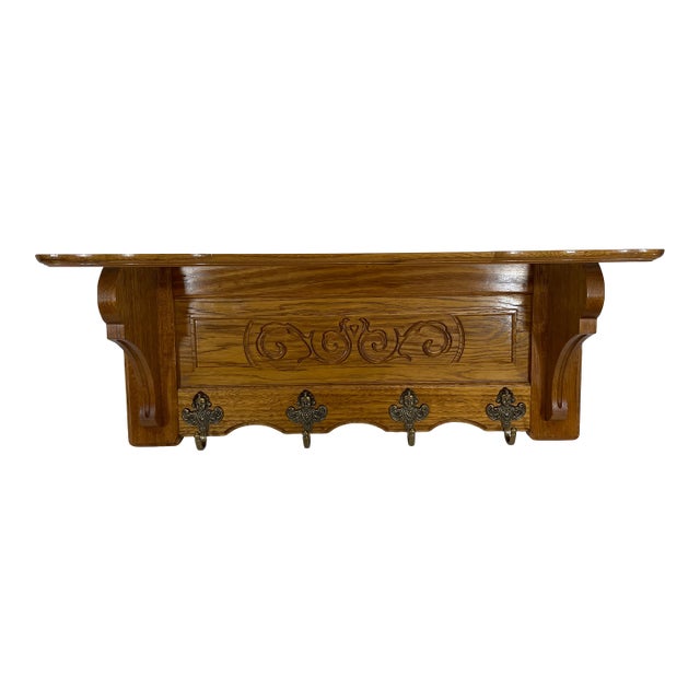 Vintage French Tiger Oak 27" Wall Shelf Coat and Hat Rack For Sale