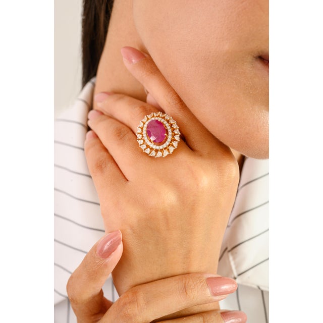 Ruby Red 4.69 Ct Ruby Contemporary Cocktail Ring With Halo Diamonds 14k Gold Size 6 For Sale - Image 8 of 15