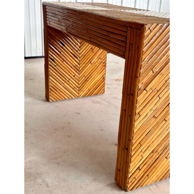 Mid 20th Century Mid-20th Century Refinished Split Rattan Chevron Two Drawer Floating Vanity or Desk For Sale - Image 5 of 12