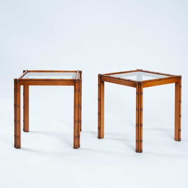 Art Deco Bamboo Style Carved Oak and Cut Glass Side Tables, 1930s, Set of 2 For Sale - Image 9 of 9