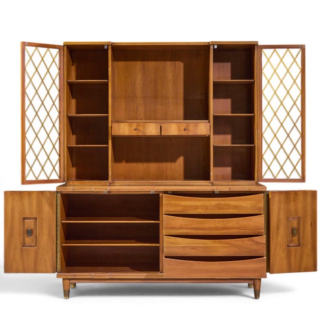 John Widdicomb Mid Century Walnut and Brass Credenza With Hutch For Sale - Image 13 of 14