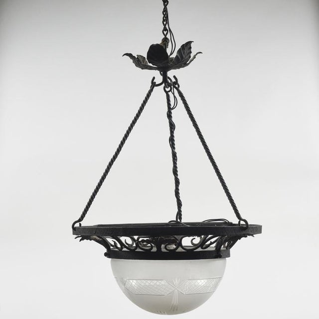 Art Nouveau Iron Pendant with Glass Hood For Sale - Image 9 of 9
