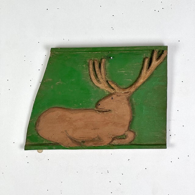 Early 20th C. Primitive Folk Art Hand Carved Resting Stag in an Avocado Green Plaque For Sale - Image 4 of 9