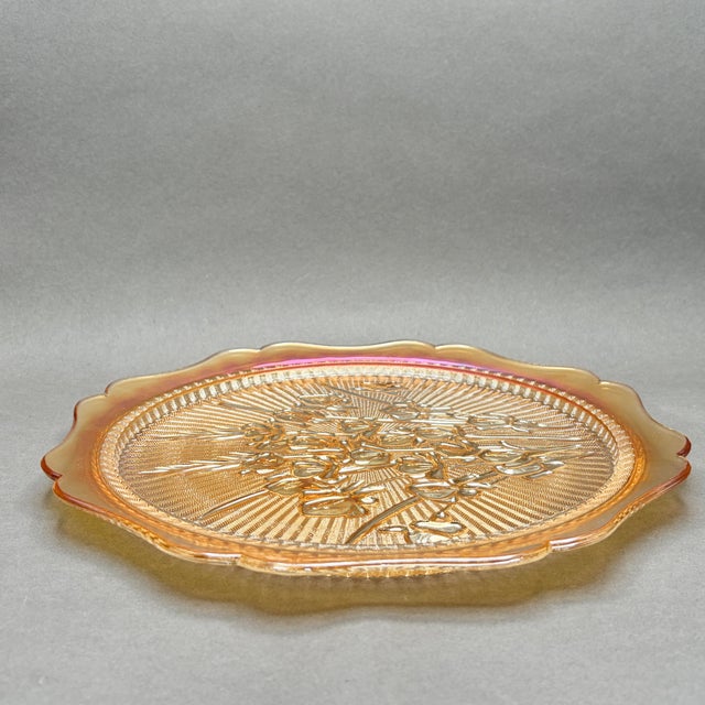 1930s Vintage Jeannette Glass “Iris and Herringbone” Marigold Carnival Glass Cake Plate For Sale - Image 5 of 6