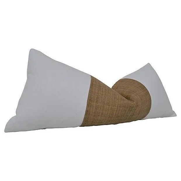 Contemporary Fi Custom Pure White Linen & Camel Hemp Pillow / 38"x16" For Sale - Image 3 of 6