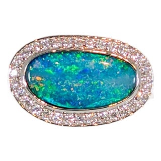 1.93cts, 13x6.6mm Boulder Opal With Diamond Halo Ring in Solid 14k Gold, Size 6.75 For Sale