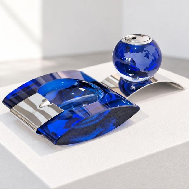 Late 20th Century Smoking Set of Murano Glass Ashtray and Lighter in Cobalt Blue in the style of Fontana Arte, 1970s For Sale - Image 5 of 9