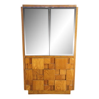 1970s Lane Staccato Mid Century Oak Brutalist Mirrored Clothing Armoire Cabinet 64" For Sale